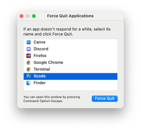 menu to select application to force quit