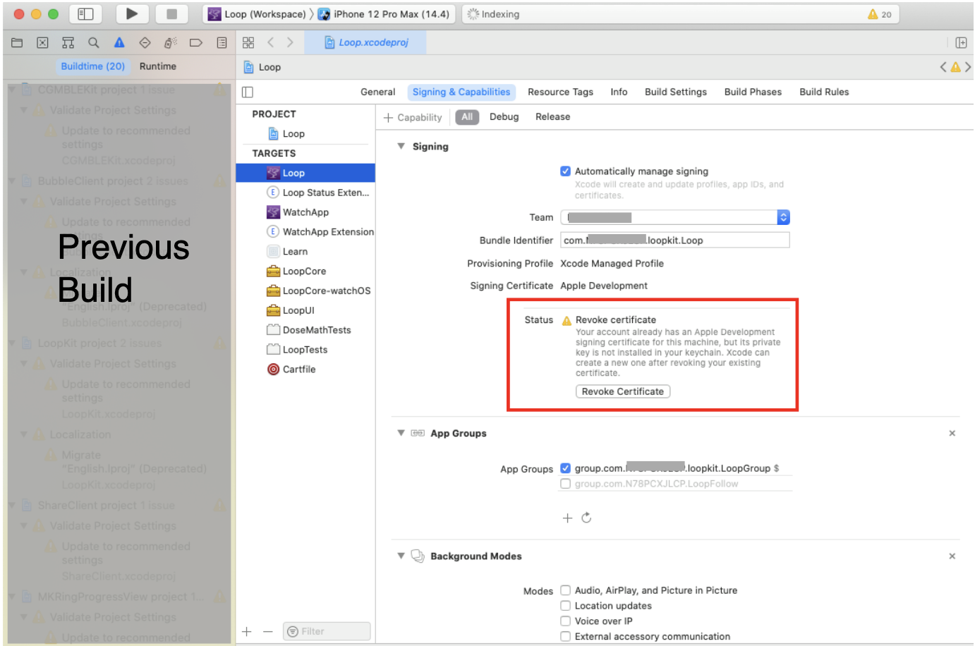 Screenshot: Xcode showing Revoke Certificate message