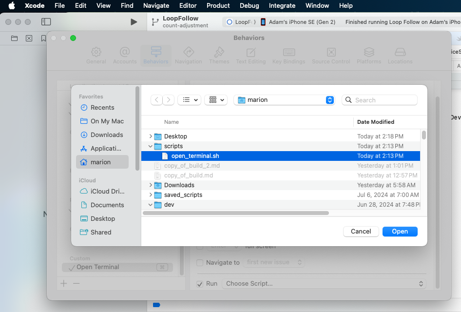 xcode behaviors - choose the open terminal script