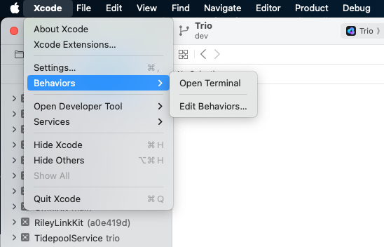 xcode behaviors - open terminal